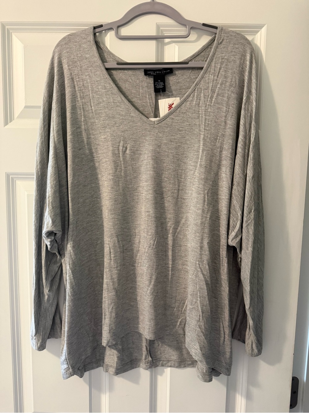Joan Vass Light Gray V-Neck Long Sleeve Top